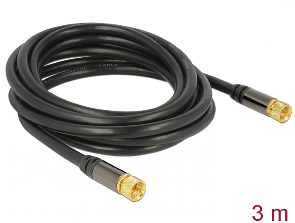 Imagine Cablu antena F Plug la F Plug RG-6/U 3m Negru, Delock 88920